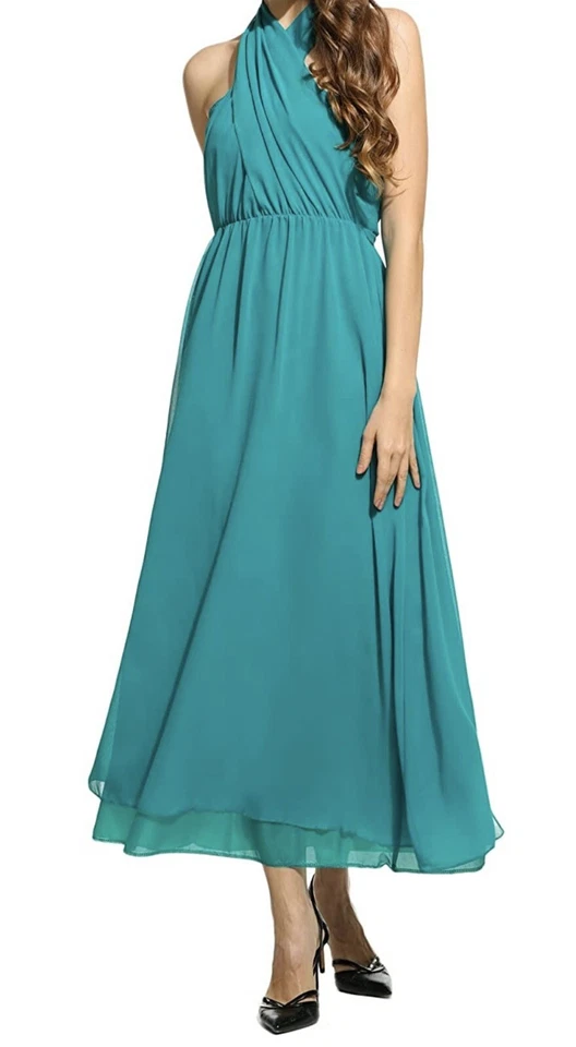 Women's Slim One-Shoulder Solid Sleeveless Midi Gown Dress, Teal, Small - Image 2 of 4