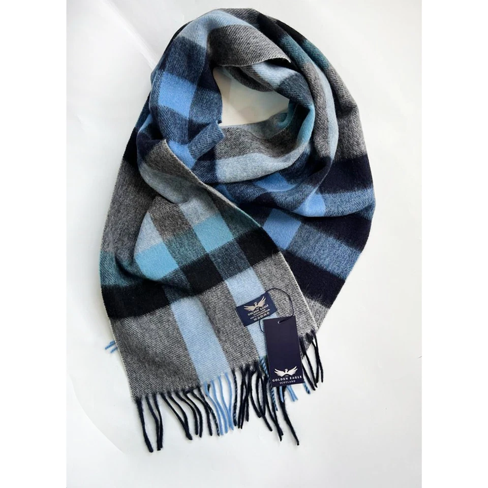 THE GOLDEN EAGLE - SCOTLAND Neu The Golden Eagle 100 % Lammwolle Schal schottisch marineblau kariert Tartanwolle blau