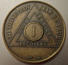 1 Year Alcoholics Anonymous AA Bronze Medallion Coin Sobriety Chip One