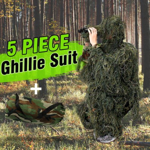 5Pcs Ghillie Suit 3D Camouflage Gillie Hunting Clothing Wrap Hooded Jacket Pant - Picture 3 of 12