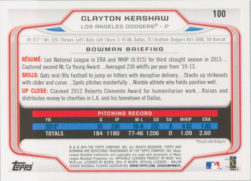 2014 Bowman #100 Clayton Kershaw Los Angeles Dodgers Baseball Card - Picture 2 of 2