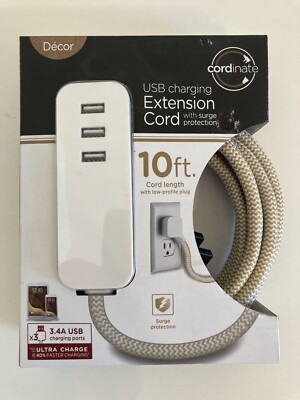 Jasco 37922 Heavy Duty 10 Foot USB Charging Extension Cord with Surge Protection