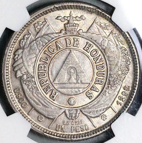 1892/0 NGC AU 55 Honduras 1 Peso Overdate Standing Liberty Silver Coin 22072002C