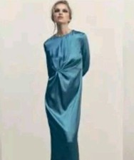 Zara Blue Satin Effects Midi Dress Silk Knot Long Dress Size S Dusty