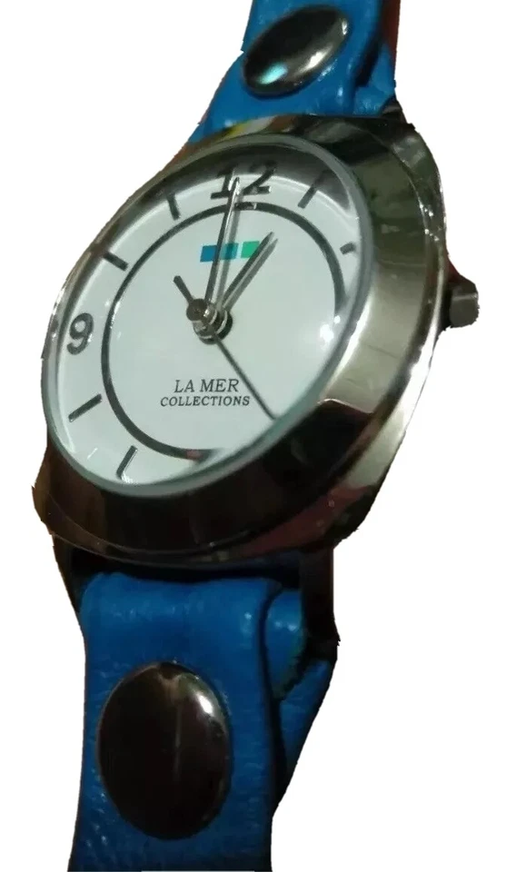 La Mer Collection Watch Double Leather Blue Bracelet Band Silver Case White Face - Image 2 of 4