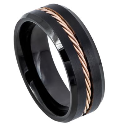 Tungsten Ring Unisex Black IP Beveled Edge with Rose Gold IP Plated Rope Inlay 