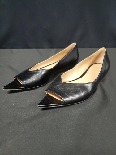 Bottega Veneta Black Leather Flats Shoes Sandals Pointed Open Peep Size 37 / 7