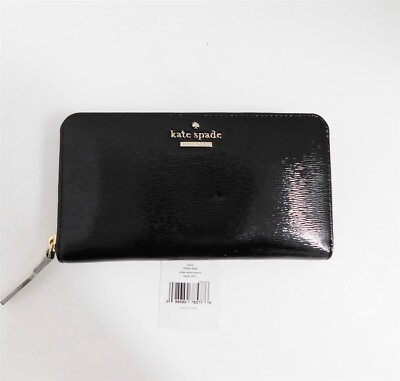 New Kate Spade Lacey Cobble Hill Black Patent Leather Zip Around Clutch Wallet