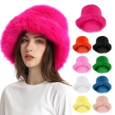 Fuzzy Bucket Hat for Women Winter Fluffy Furry Plush Faux Fur Hats Bucket Hats