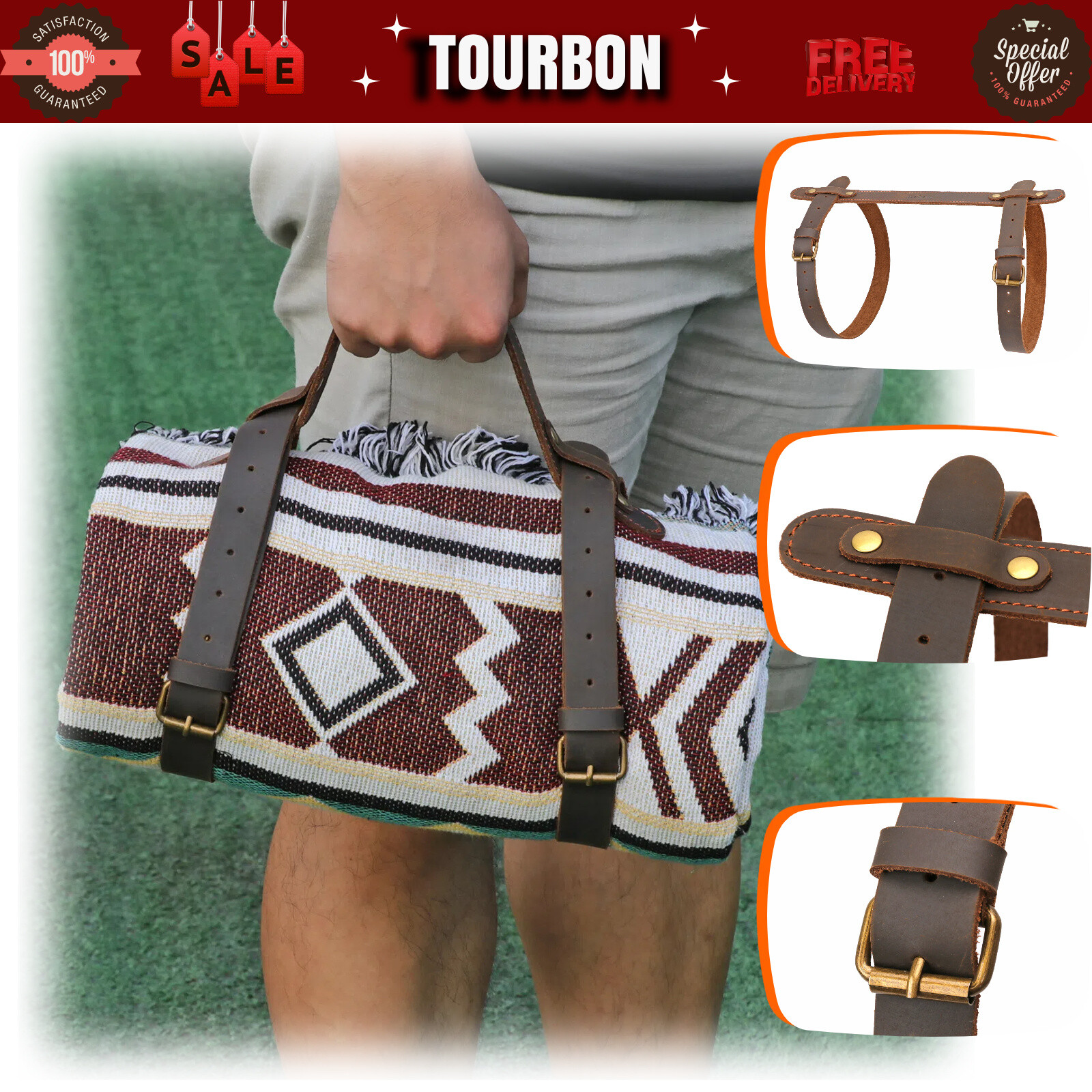 TOURBON Leather Picnic Blanket Carry Strap Motorcycle Bedroll Belt Strap Camping