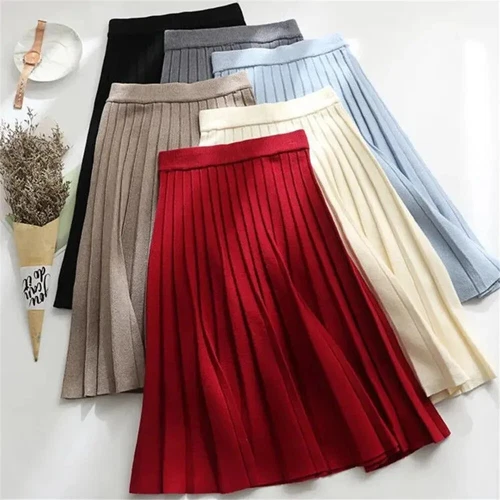 Women Knitted Midi Skirt Black A-Line High Waist Elegant Pleated Long Skirt - Picture 6 of 20