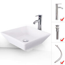 Bathroom Ceramic Vessel Sink W/ Faucet Combo Square White Bowl Pop Up Drain Top