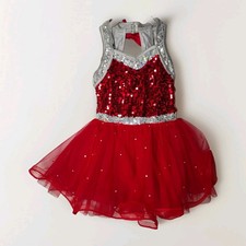 Weissman 1C Girls Red Silver Dance Skating Costume Tutu Sparkle Sequin Measured