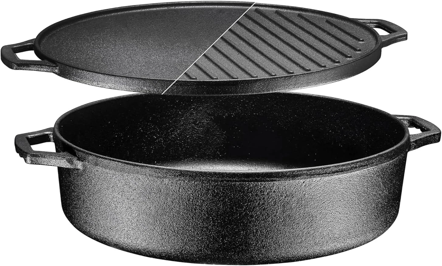 Versatile 6.8 Quart Cast Iron Skillet with Reversible Grill Lid - 3-in-1 Cookwar