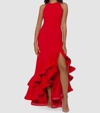 Betsy  Adam Womens Red Ruffled Halter Sleeveless Gown Dress Petite Size 6P