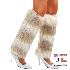 delaodola Faux Fur Leg Warmers Warm Winter Furry Long Boot Covers White Coffee