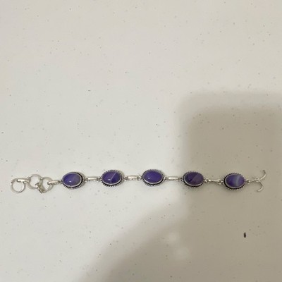Silver Tone Link Bracelet 5 Oval Purple Stones Bezel Set Hook Clasp