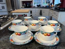 TienShan Intro Orchard Fruit Stoneware Cups & Saucers Set of 6 Vintage China