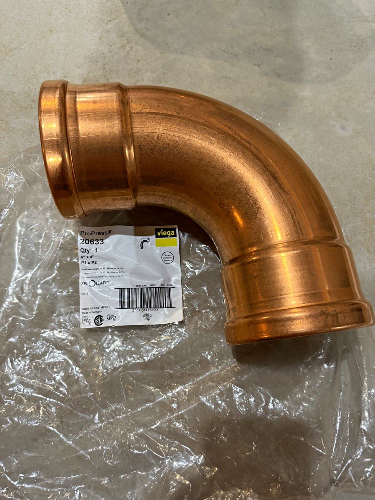 Viega ProPress 20633 4" Copper 90° Press Elbow Smart Connect Zero Lead P1xP2
