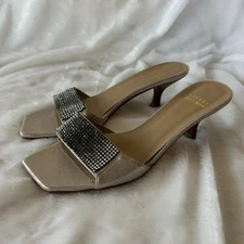 Stuart Weitzman Kitten Heel Slides Womens 6.5 Silver Rhinestones Italy VTG