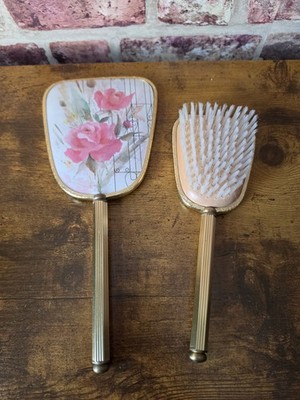 Vintage Blumen Kosmetik Set Spiegel & Haarbürste Goldfarben Schminktisch Retro Rose