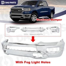 Front Bumper Cover Face Bar w/Fog Light Hole Chrome Steel For 2019-2024 Ram 1500