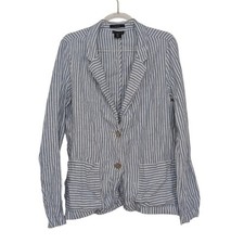 Tahari Linen Stripe Blazer Womens Size Medium Blue Nautical Coastal Lightweight