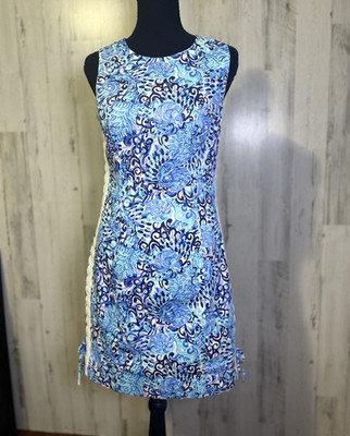 Lilly Pulitzer Mila Blue/White Floral Stretch Sleeveless Shift Dress Zip 0