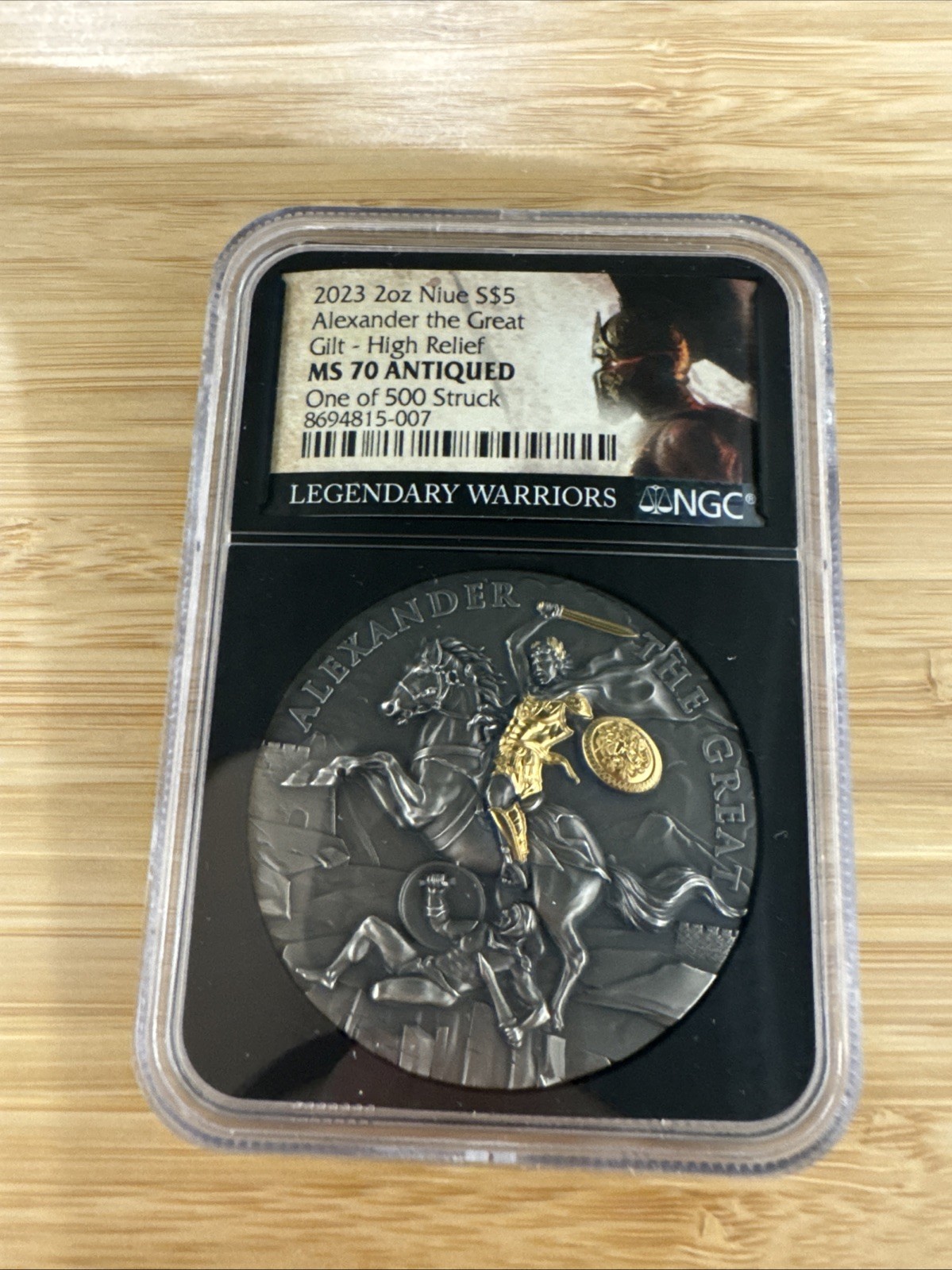 2023 Alexander the Great 2 oz High Relief Silver Antiqued & Gold Gilded NGC Ms70