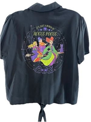 Disney Hocus Pocus Witches Halloween Binx Cat Button Tie Front Shirt Women XL