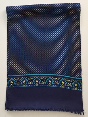 Vintage Herren Schal mit Fransen blau geometrisch gemustert (1232E)