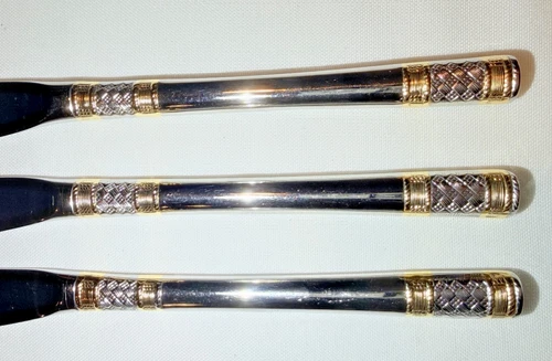 AEGEAN WEAVE Gold WALLACE Corsica 18/10 stainless SET of 3 DINNER KNIVES Fr Ship