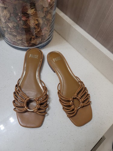 Paige Daya Caged Leather Slide Sandals Square Toe Brown Strappy Sz 8.5