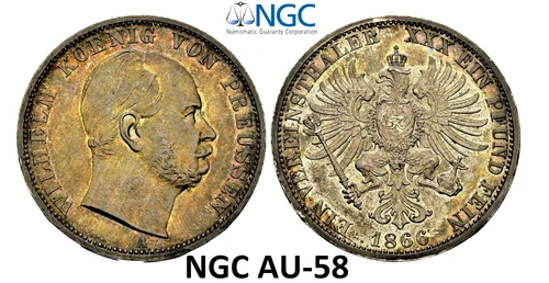 NGC AU-58 Prussia 1866 Silver Thaler Taler Coin Saxony Colorful Germany Rare