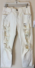 Current Elliott Jeans Womens 26/0 Cream Boyfriend Distressed Denim cropped