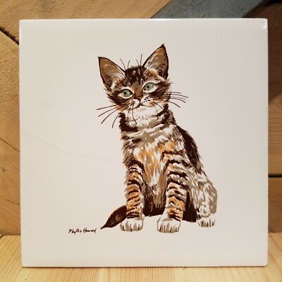 Vtg Screen Craft Cat Trivet Tile Phyllis Howard Hangable Cork Back - Swanky Barn
