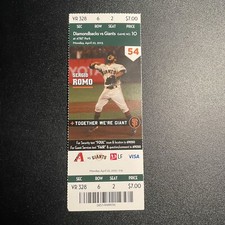 Giants Vs. Diamondbacks 04/22/13 Ticket Stub Buster Posey HR Sergio Romo WP