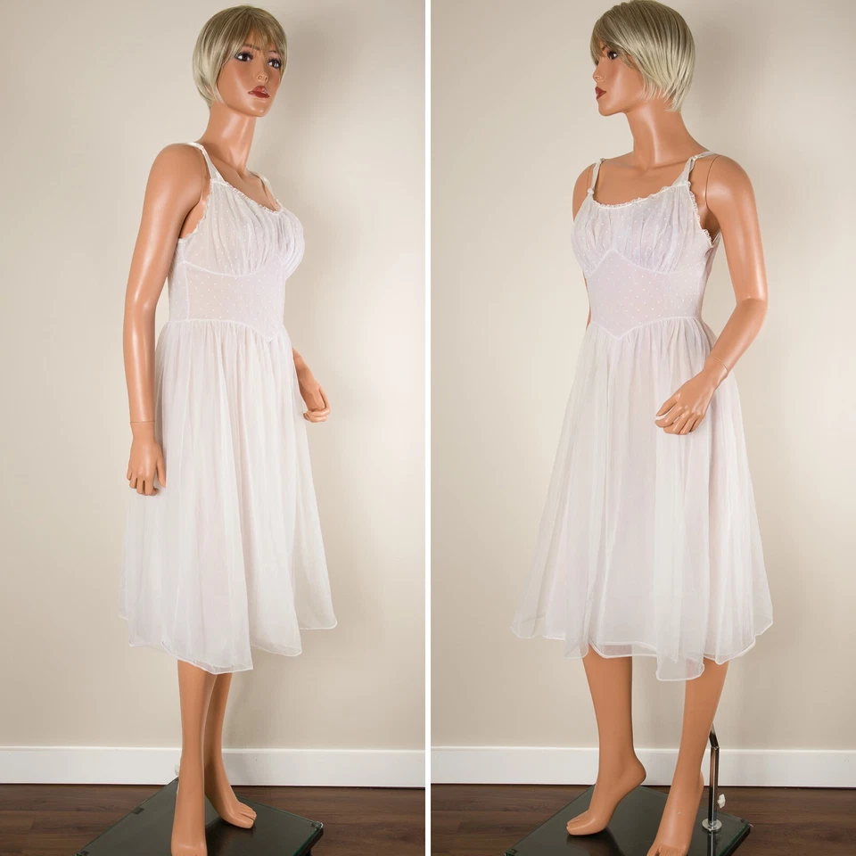 💖 Vestido De Colección VANITY FAIR Blanco Lechera Forrado Organza Punteado Gasa 34 RARO EE. UU. Foto 2 de 4