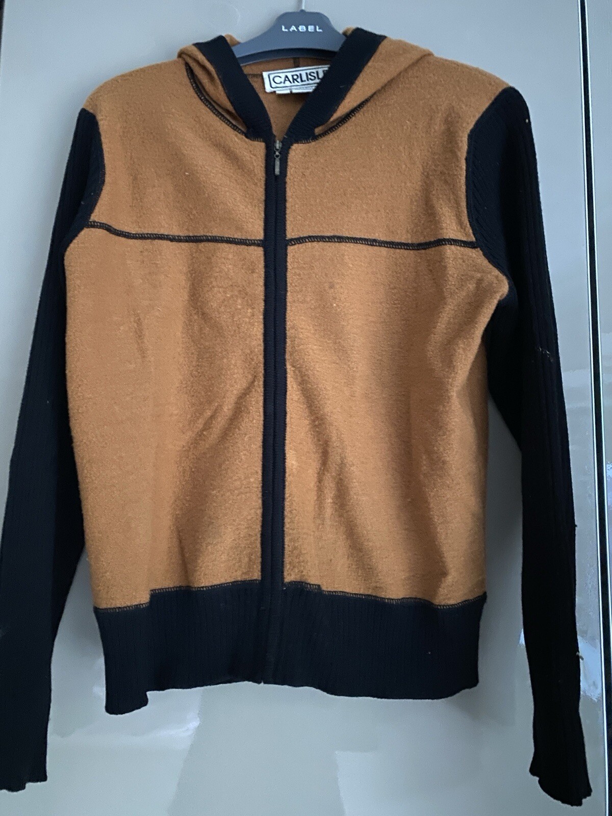 100percent Wool Zip cardigan Hooded  M Black Brown RRP£110 Stunning Warm Long Sleeves