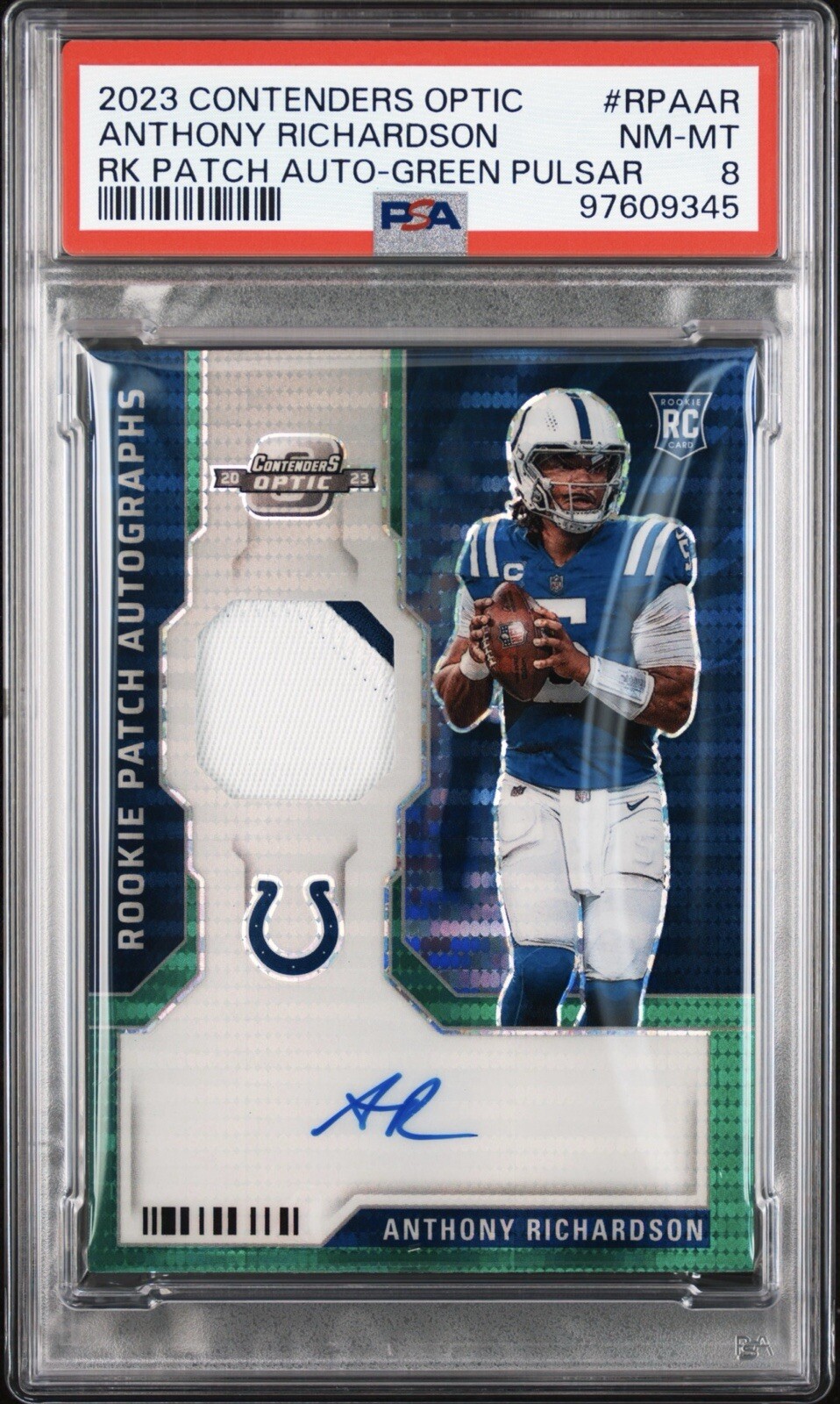 2023 Contenders Optic Anthony Richardson RC Patch Auto Green Pulsar 06/15 PSA 8