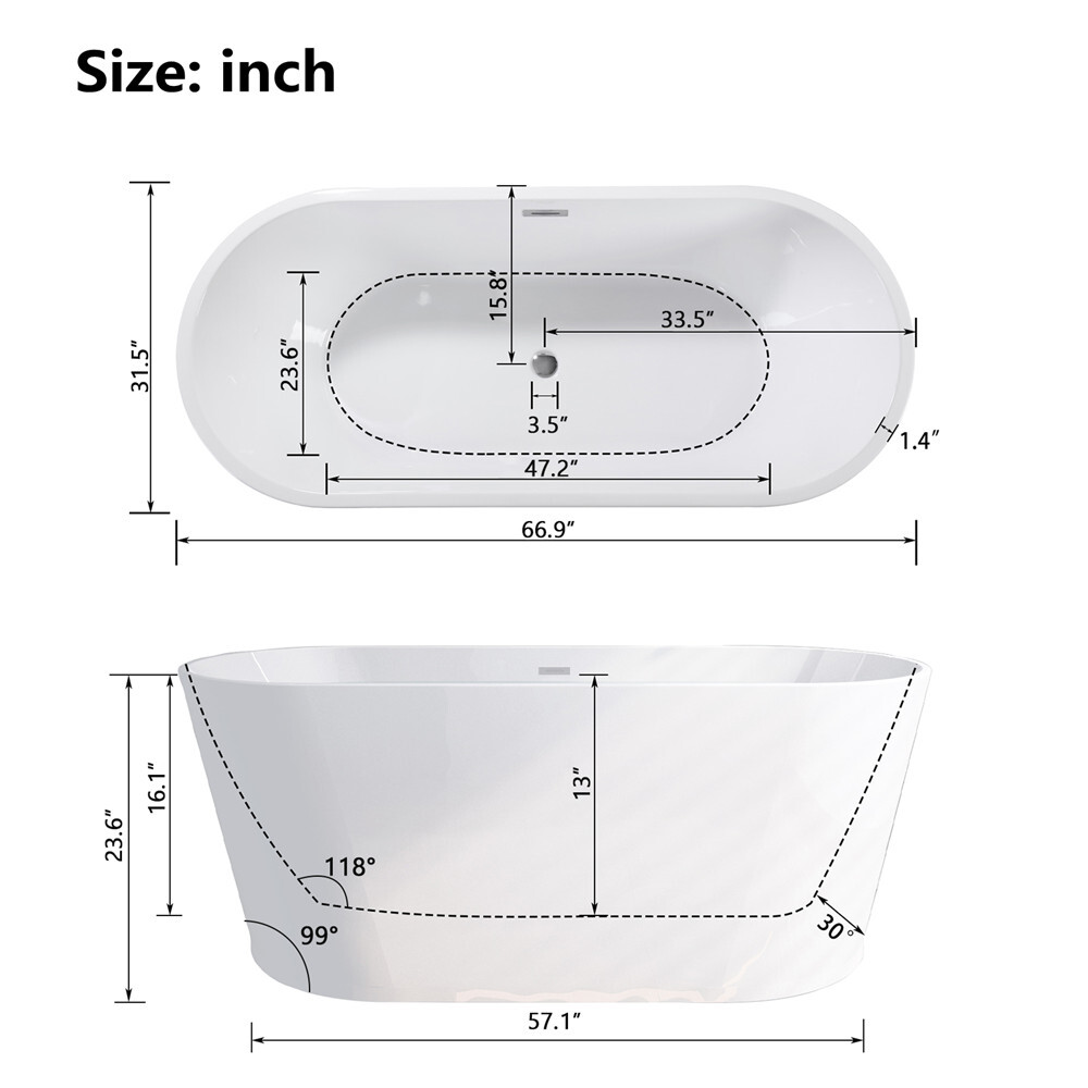 67" Freestanding Acrylic Bathtub Stand Alone Soaking Tub Oval Shape Tub w/ Drain