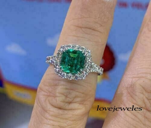 Anillo de halo de boda de plata de ley 925 de 3 quilates con corte esmeralda verde genuino - Imagen 5 de 7