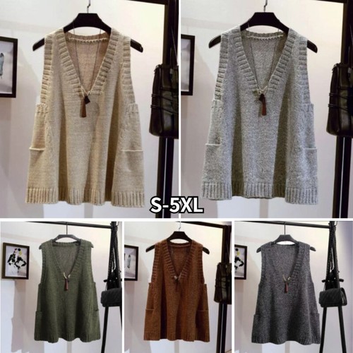 Strickweste V-Ausschnitt Weste ärmellos Pullover Pulli Gilet Tasche Tank Damen - Bild 1 von 24