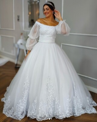 Vintage Lace Applique Off-Shoulder Wedding Dress Tulle Bridal Gown with  Sleeves | eBay