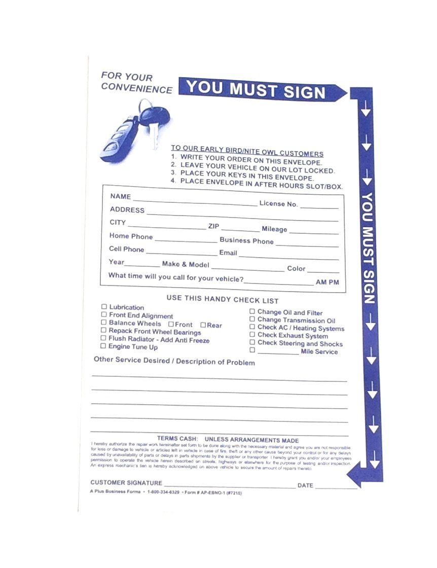 Drop Off Envelopes For Repair Shops• 7210 / APEBNO1 • Qty.100 •(W16