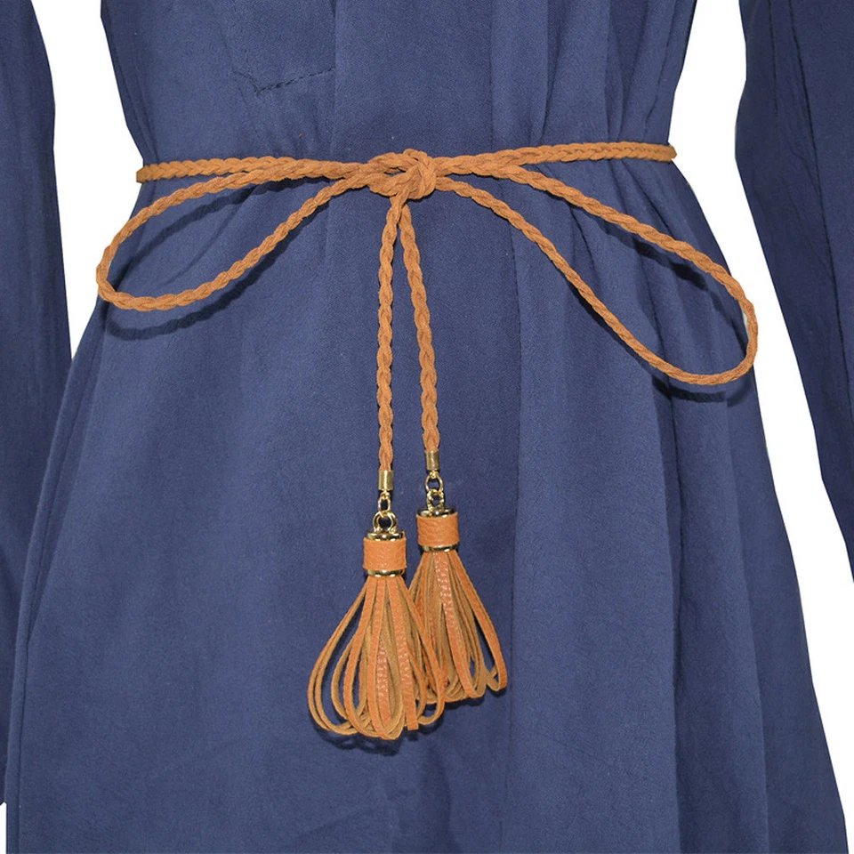 Mujeres Dama Ajustado Cinturón Trenzado Imitación Cuero Nudo Borla Vestido Cintura Foto 2 de 4