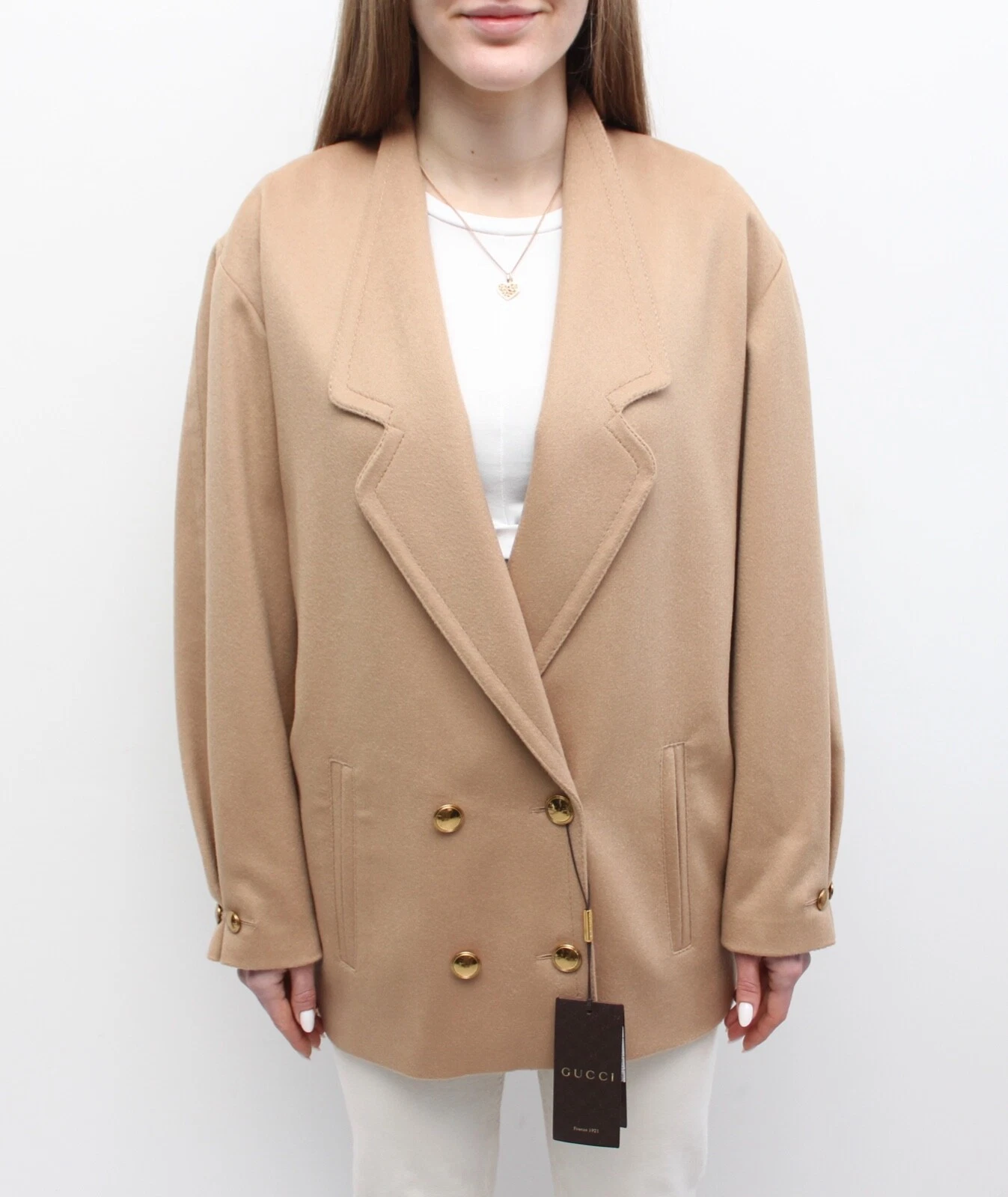 Nuovo con etichetta! Autentico cappotto donna Gucci lana cammello soprabito bottoni oro RARO 40 ~S M