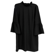 J Crew Dress Women's 12 Black Ruffle Neck Bell Sleeves Crepe Shift
