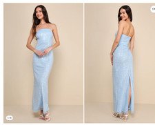 Lulus Women's Large Perfectly Luxurious Light Blue Strapless Maxi Dress Gown