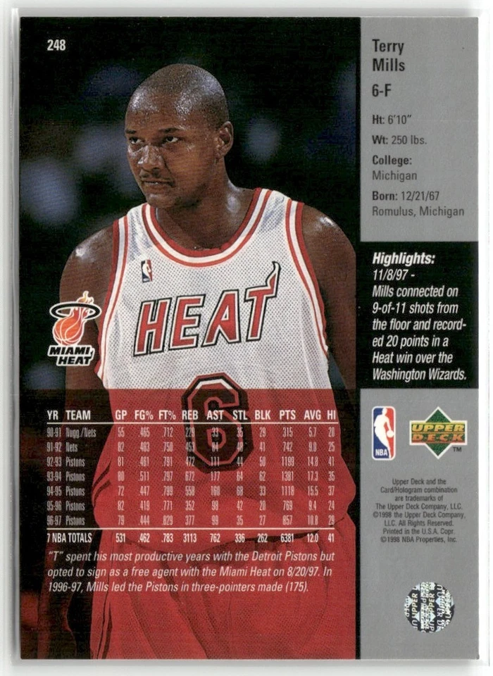1997-98 UPPER DECK TERRY MILLS MIAMI HEAT #248 - Image 2 of 3